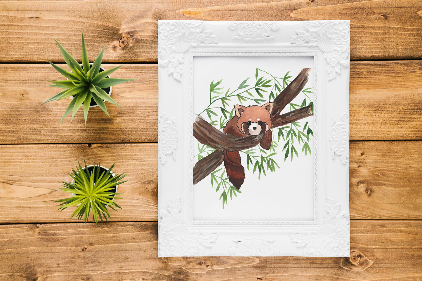 Watercolor Red Panda in Tree with Bamboo Leaves, Digital Download Printable Artwork, Fine Art Print, Nursery Decor