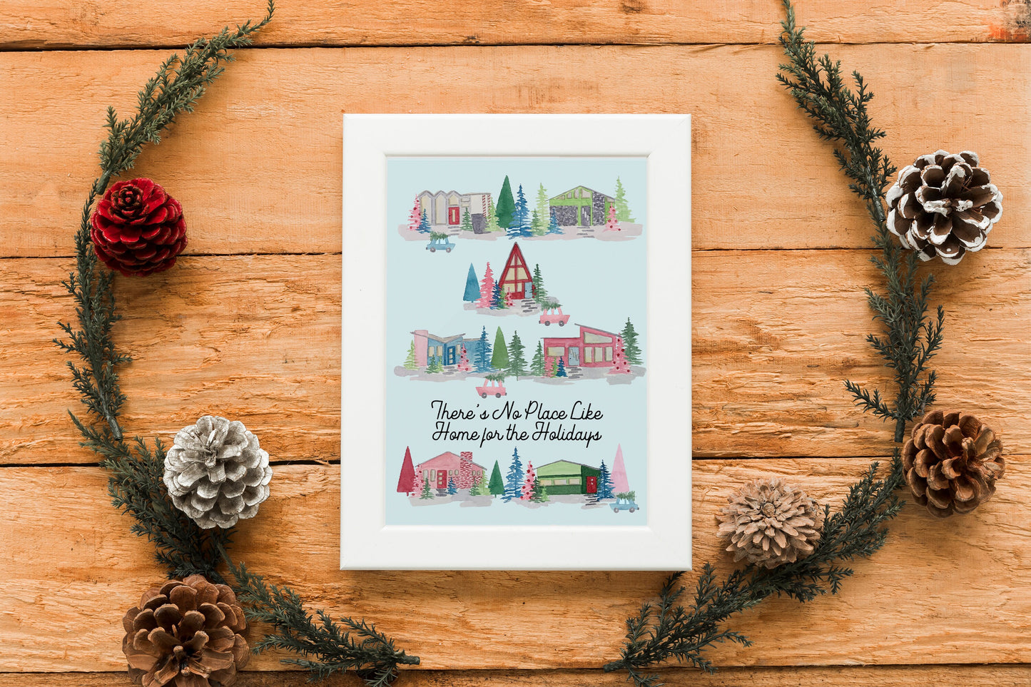 Theres No Place Like Home for the Holidays, Watercolor Retro Houses, Digital Download Printable Artwork, Christmas Fine Art Print