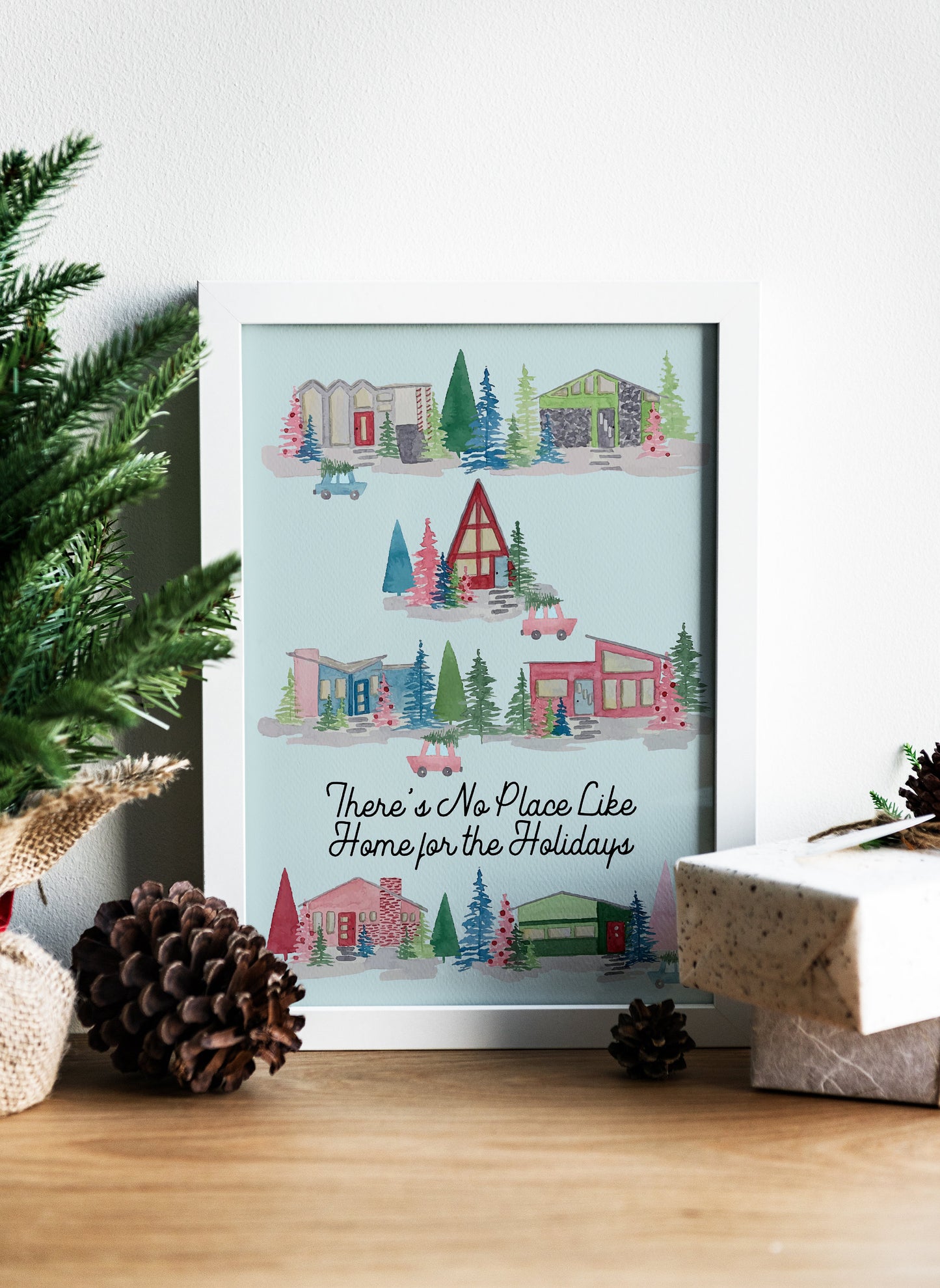 Theres No Place Like Home for the Holidays, Watercolor Retro Houses, Digital Download Printable Artwork, Christmas Fine Art Print