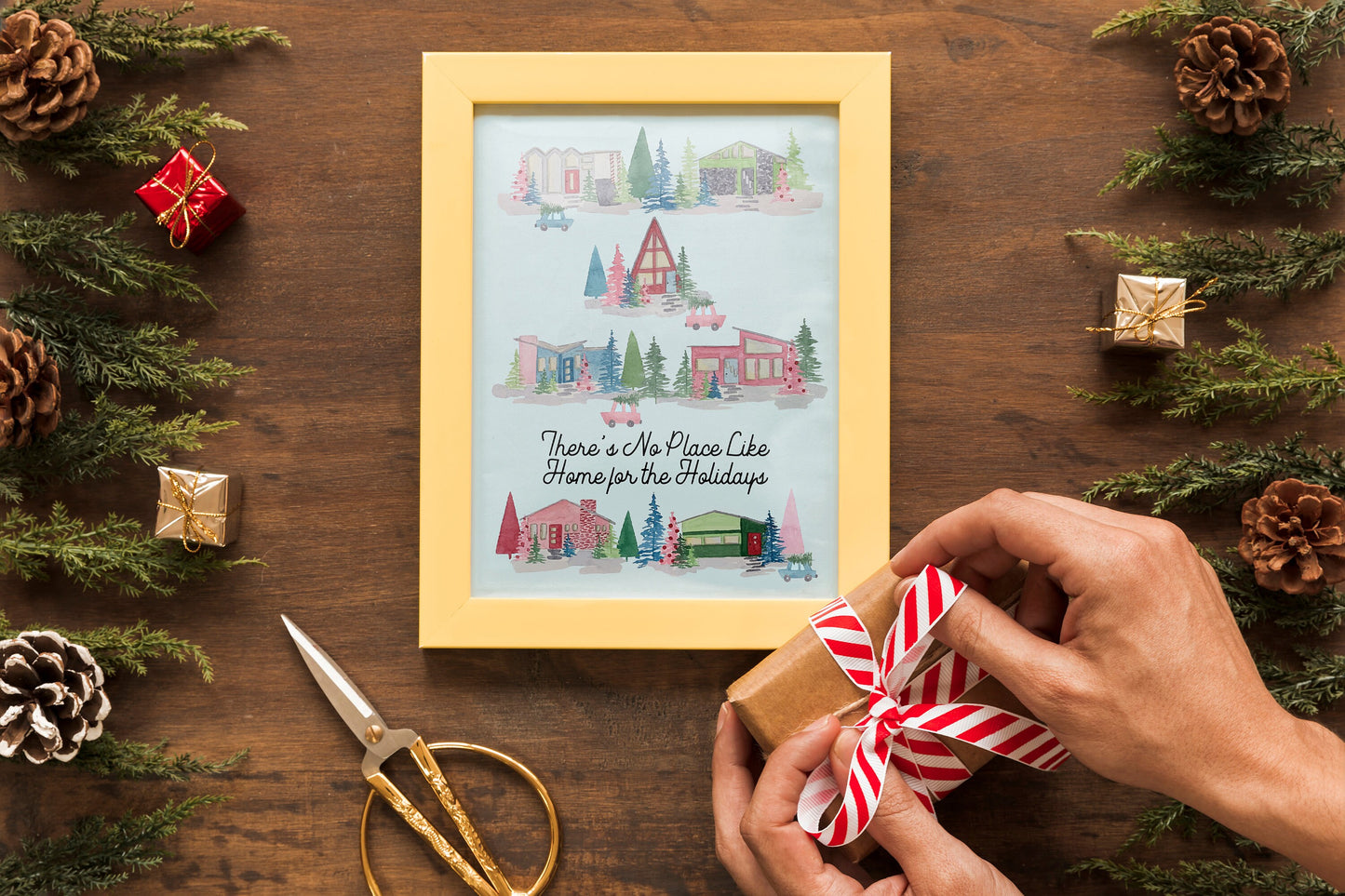 Theres No Place Like Home for the Holidays, Watercolor Retro Houses, Digital Download Printable Artwork, Christmas Fine Art Print