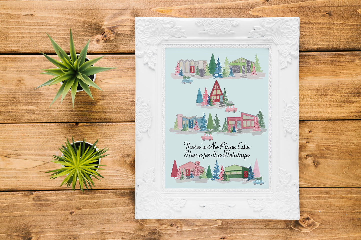 Theres No Place Like Home for the Holidays, Watercolor Retro Houses, Digital Download Printable Artwork, Christmas Fine Art Print