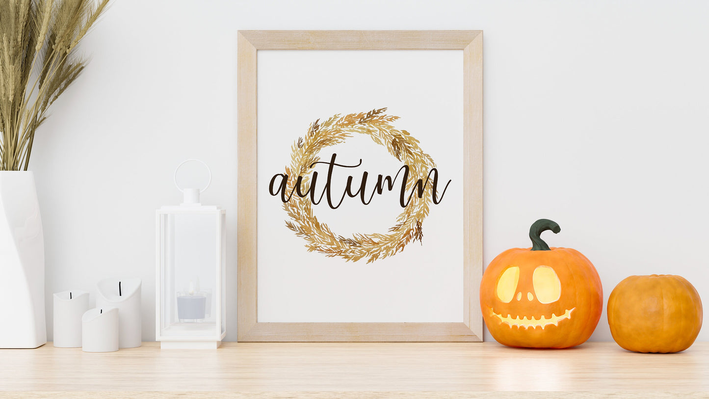 Autumn, Harvest & Gather - Trio of Printable Artwork- Watercolor Wheat Wreath Artwork, Digital Download Printable Autumn / Fall Art Prints