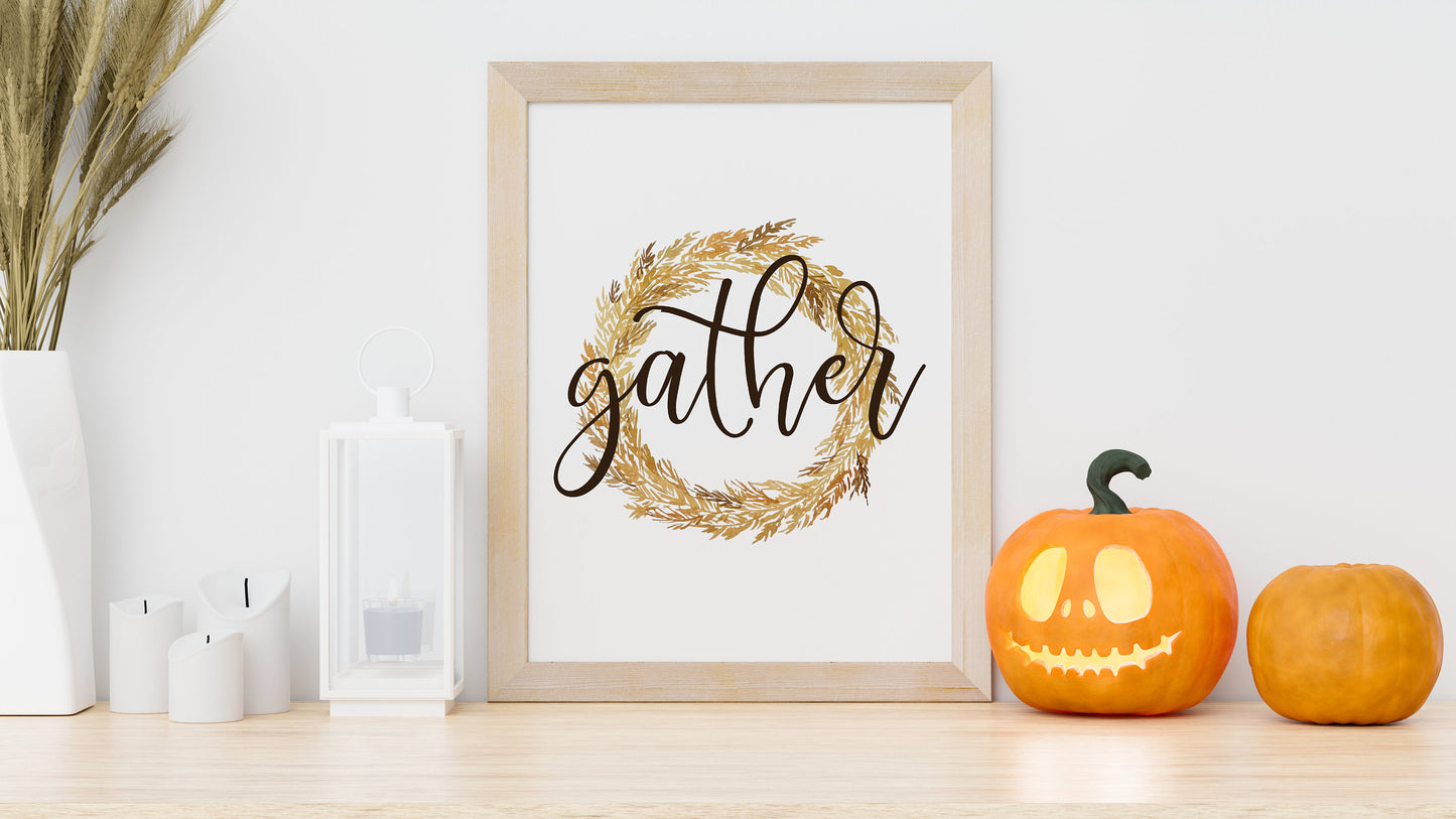 Autumn, Harvest & Gather - Trio of Printable Artwork- Watercolor Wheat Wreath Artwork, Digital Download Printable Autumn / Fall Art Prints