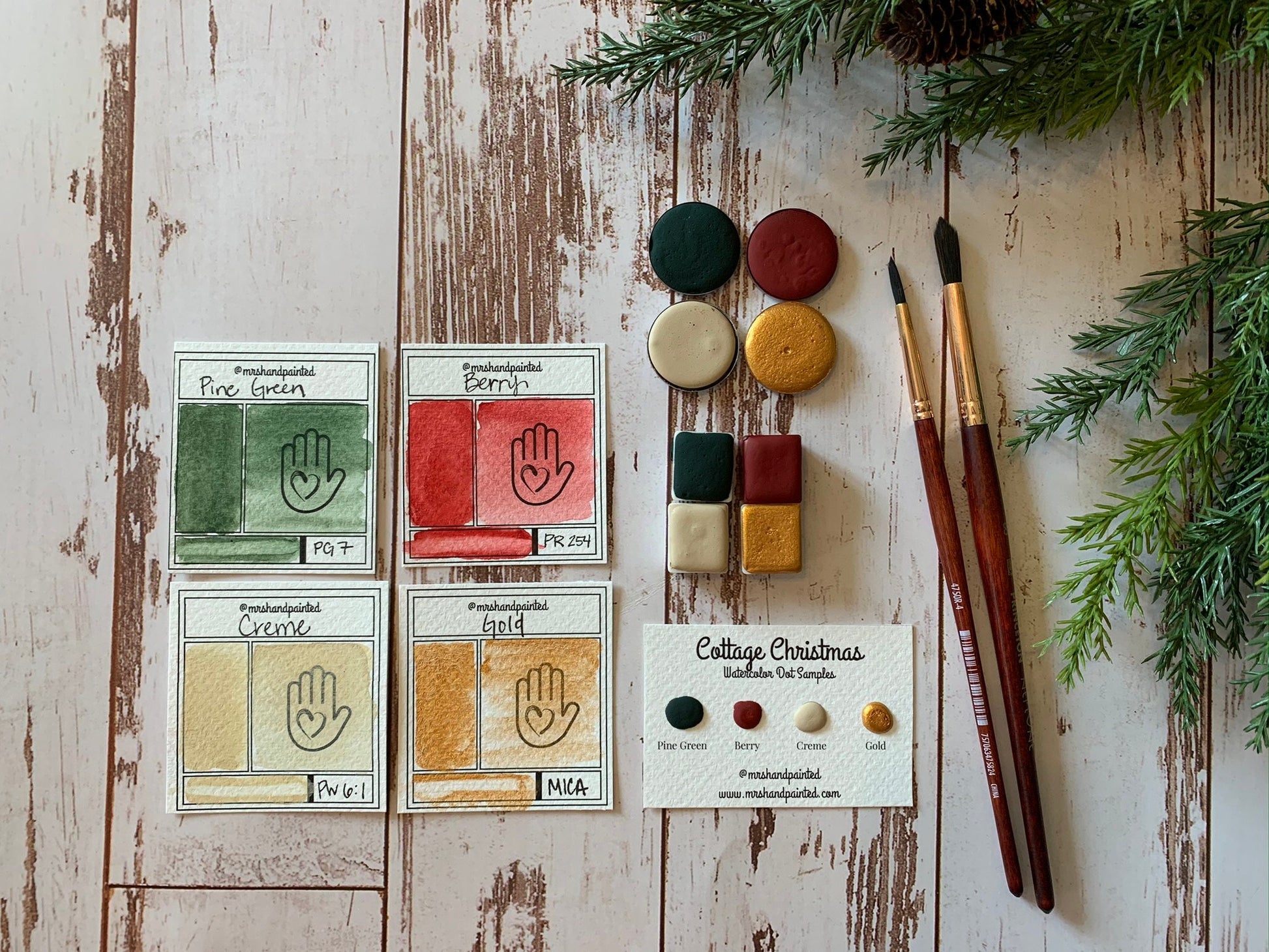 Handmade Watercolor Paints - COTTAGE CHRISTMAS - Set of 4 Watercolor Pans, Artisan Paints, Holiday Colors, Matte Watercolor, Shimmer Gold
