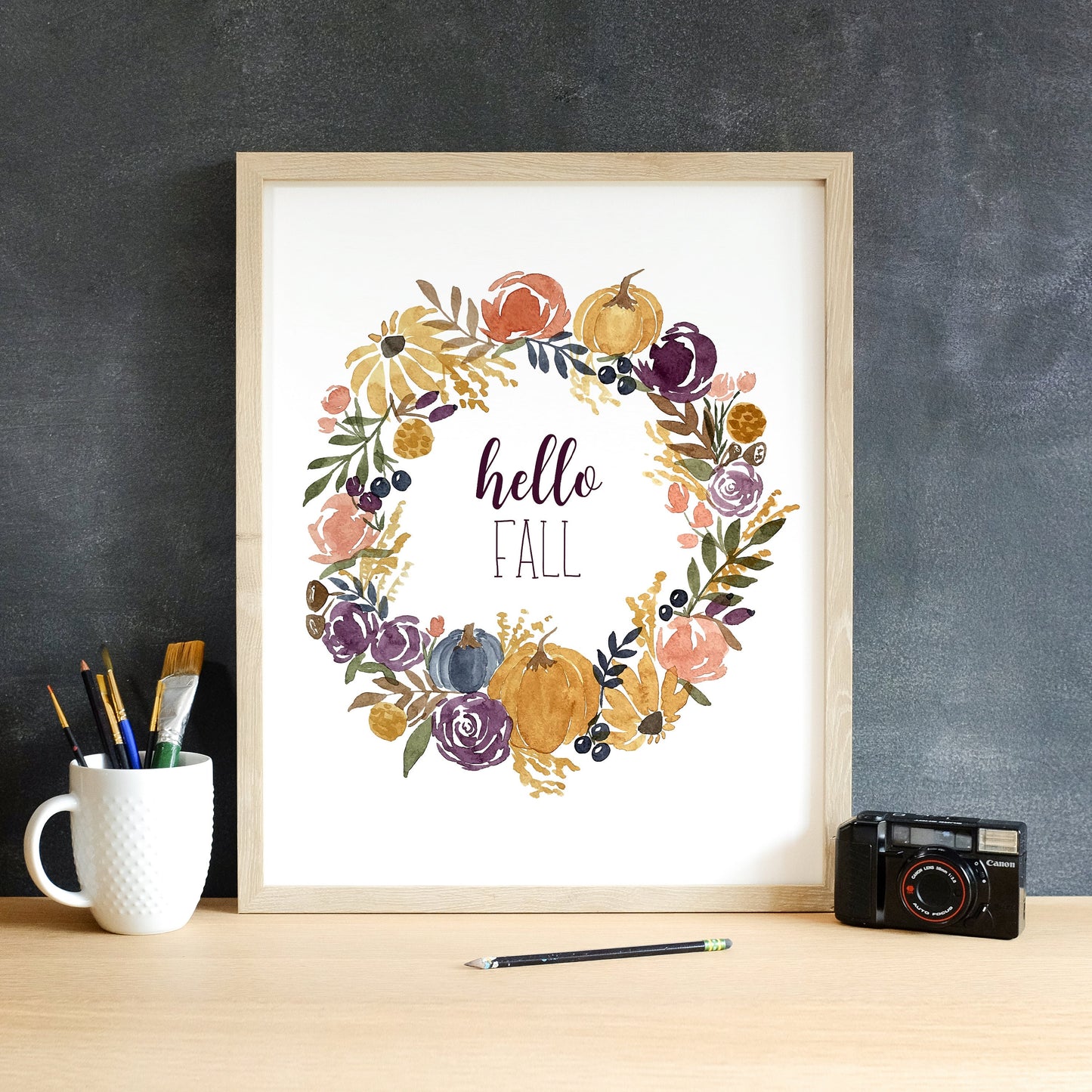 Fall Floral Wreath Watercolor Reproduction Fine Art Prints, Giclee Print, Autumn Flowers, Hello Fall or Custom Sentiment!