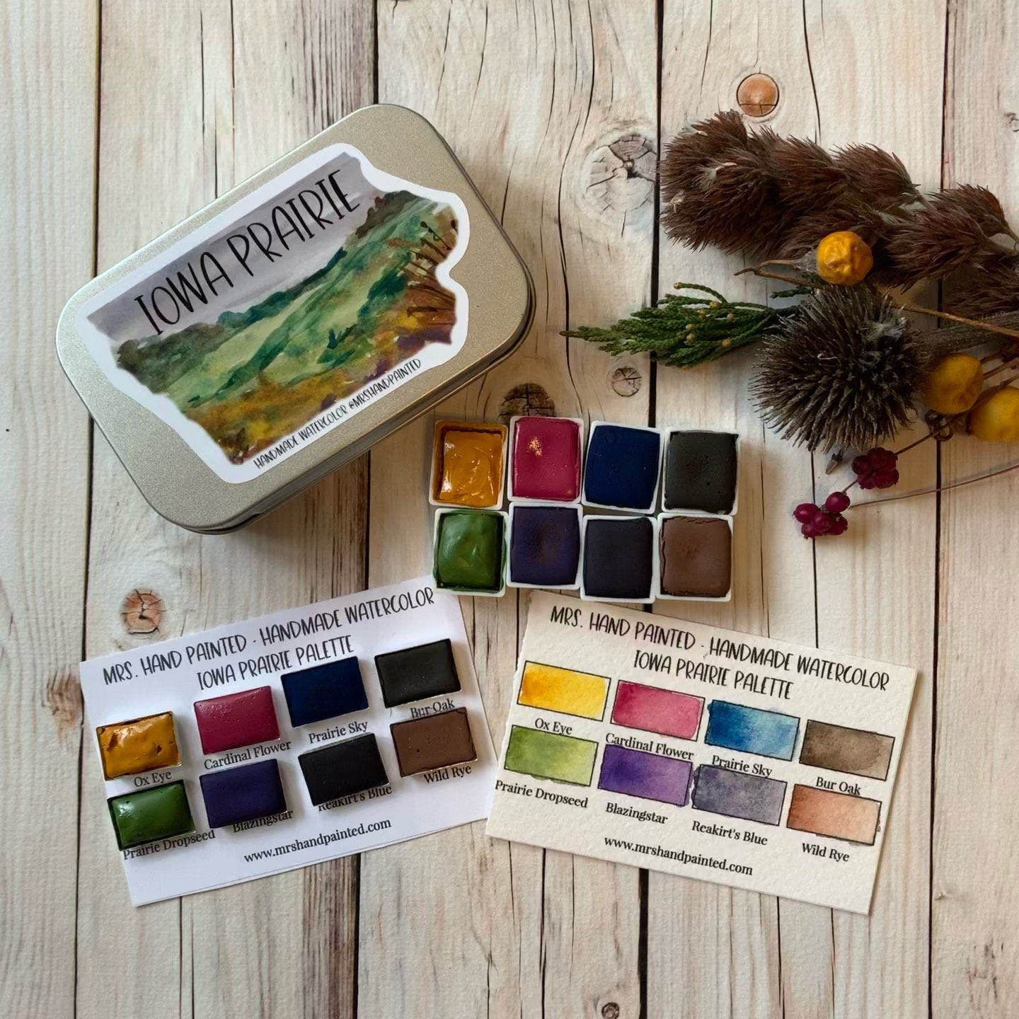 Handmade Watercolor Paints - IOWA PRAIRIE - Artisan Paint Palette, Set of 8 Half Pans Matte Watercolor