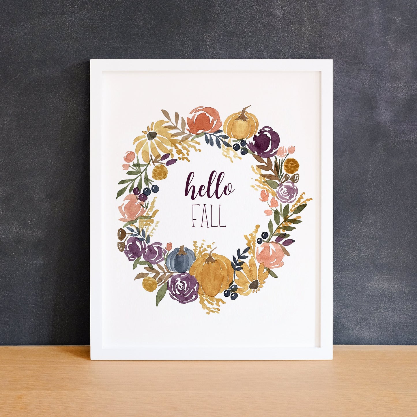 Fall Floral Wreath Watercolor Reproduction Fine Art Prints, Giclee Print, Autumn Flowers, Hello Fall or Custom Sentiment!