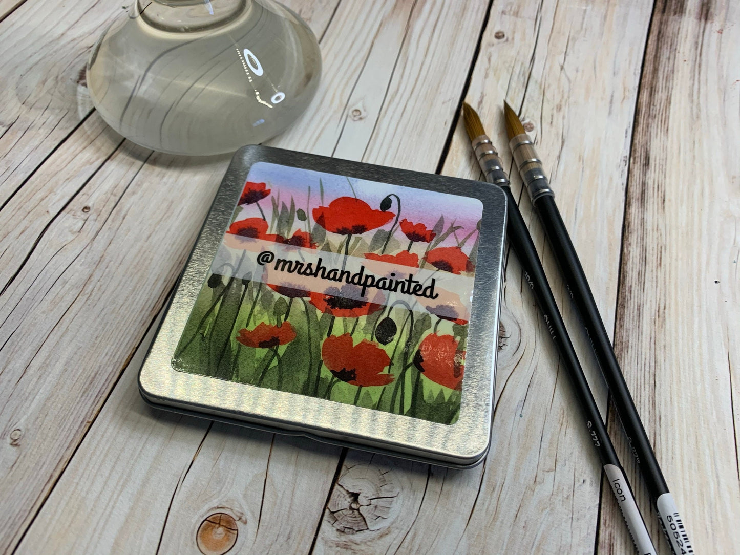 Travel Watercolor Palette - Mrs Hand Painted Deluxe Sample Pan Storage Tin, Magnetic, Hinged Square Tin 3 3/4" x 3 3/4" x 1/2" Depth