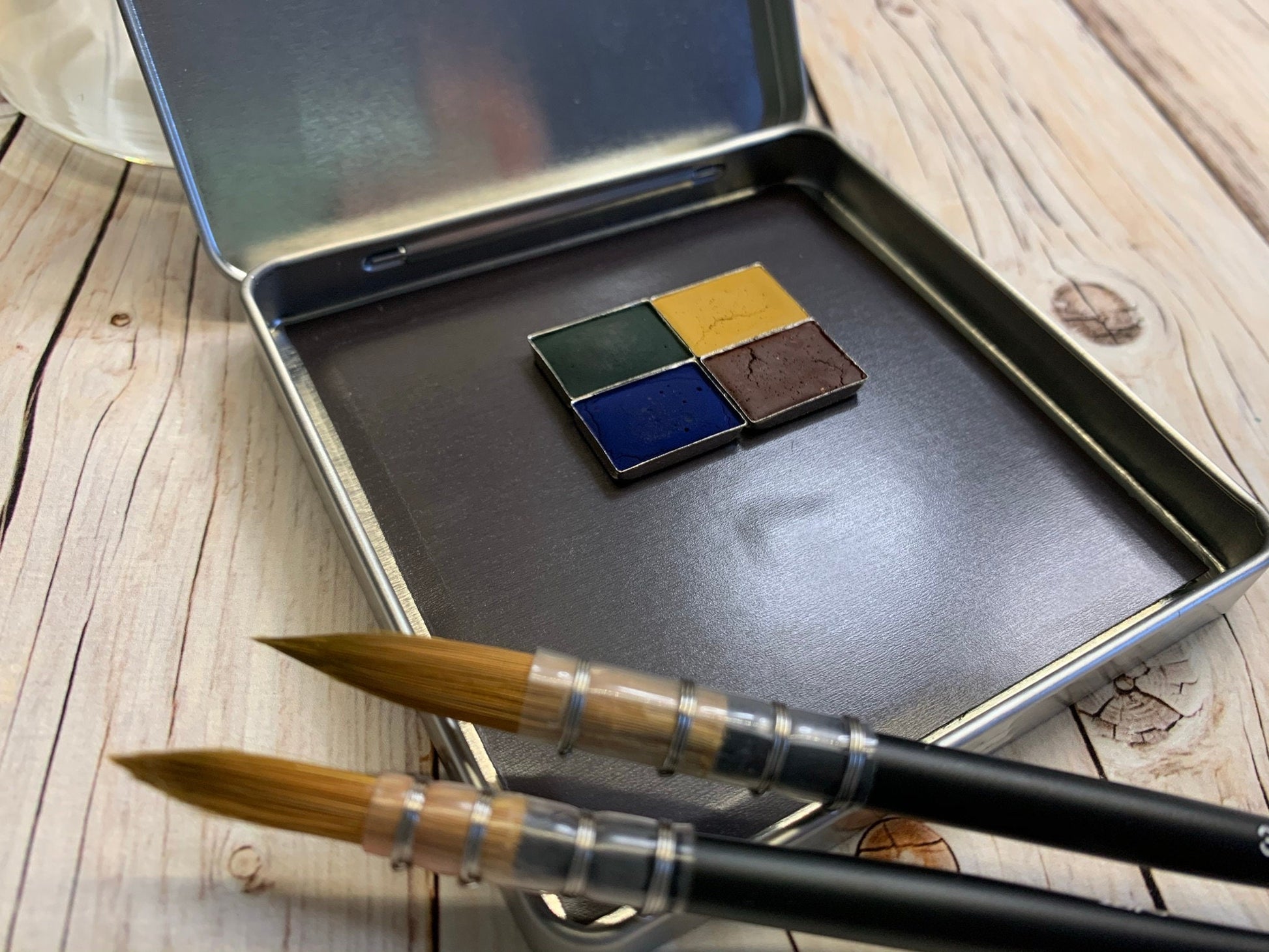 Travel Watercolor Palette - Mrs Hand Painted Deluxe Sample Pan Storage Tin, Magnetic, Hinged Square Tin 3 3/4" x 3 3/4" x 1/2" Depth