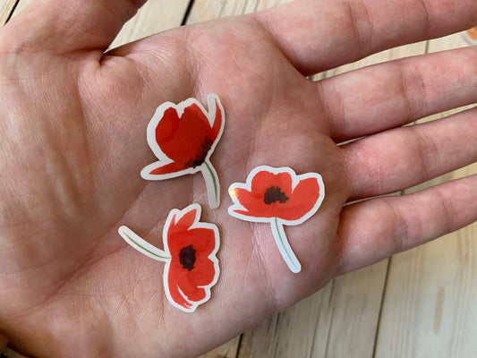 3 pc Watercolor Red Poppy Flowers Transparent Vinyl Die Cut Stickers - 1 Inch size