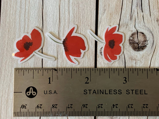 3 pc Watercolor Red Poppy Flowers Transparent Vinyl Die Cut Stickers - 1 Inch size