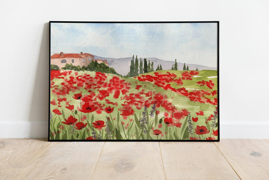 Watercolor Tuscan Poppies Landscape #1 Giclee Fine Art Print Reproduction