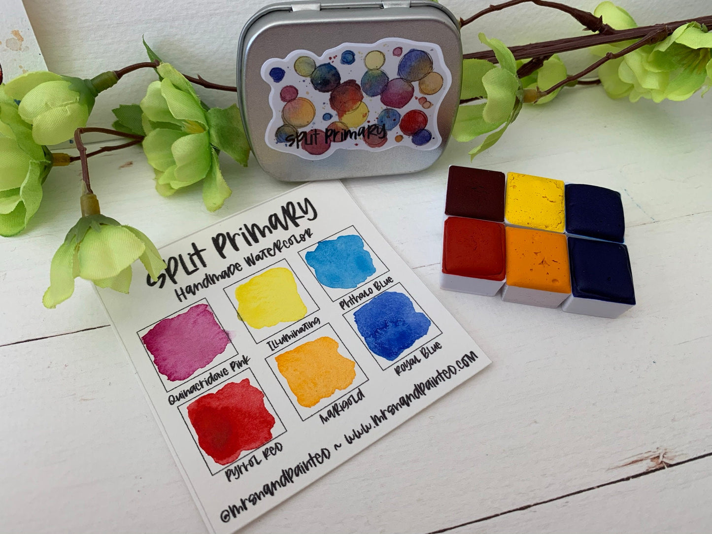 Handmade Watercolor Paints - SPLIT PRIMARY - Artisan Paint Palette, Set of 6 Matte Shades, Red, Yellow and Blue Mixing Palette Warm and Cool