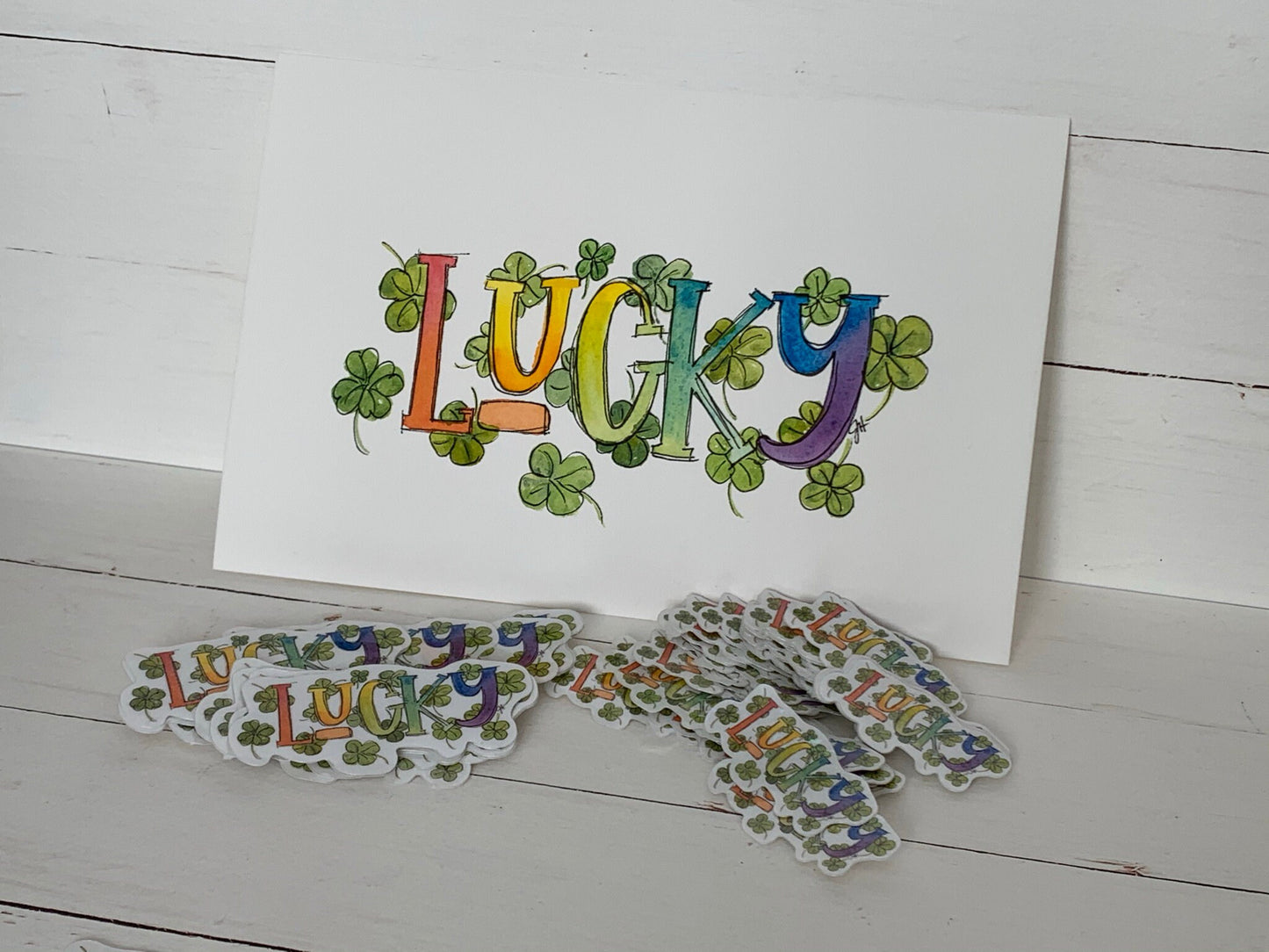 Watercolor "Lucky" Rainbow Letters and Shamrocks Die Cut Laminated Vinyl Stickers, Holographic Overlay, Water Resistant, Clovers, St. Pat's