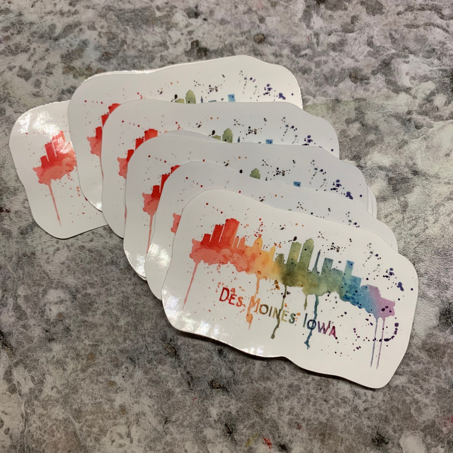 Watercolor "Des Moines” Skyline Rainbow Splatter, Die Cut Laminated Vinyl Stickers, Water Resistant