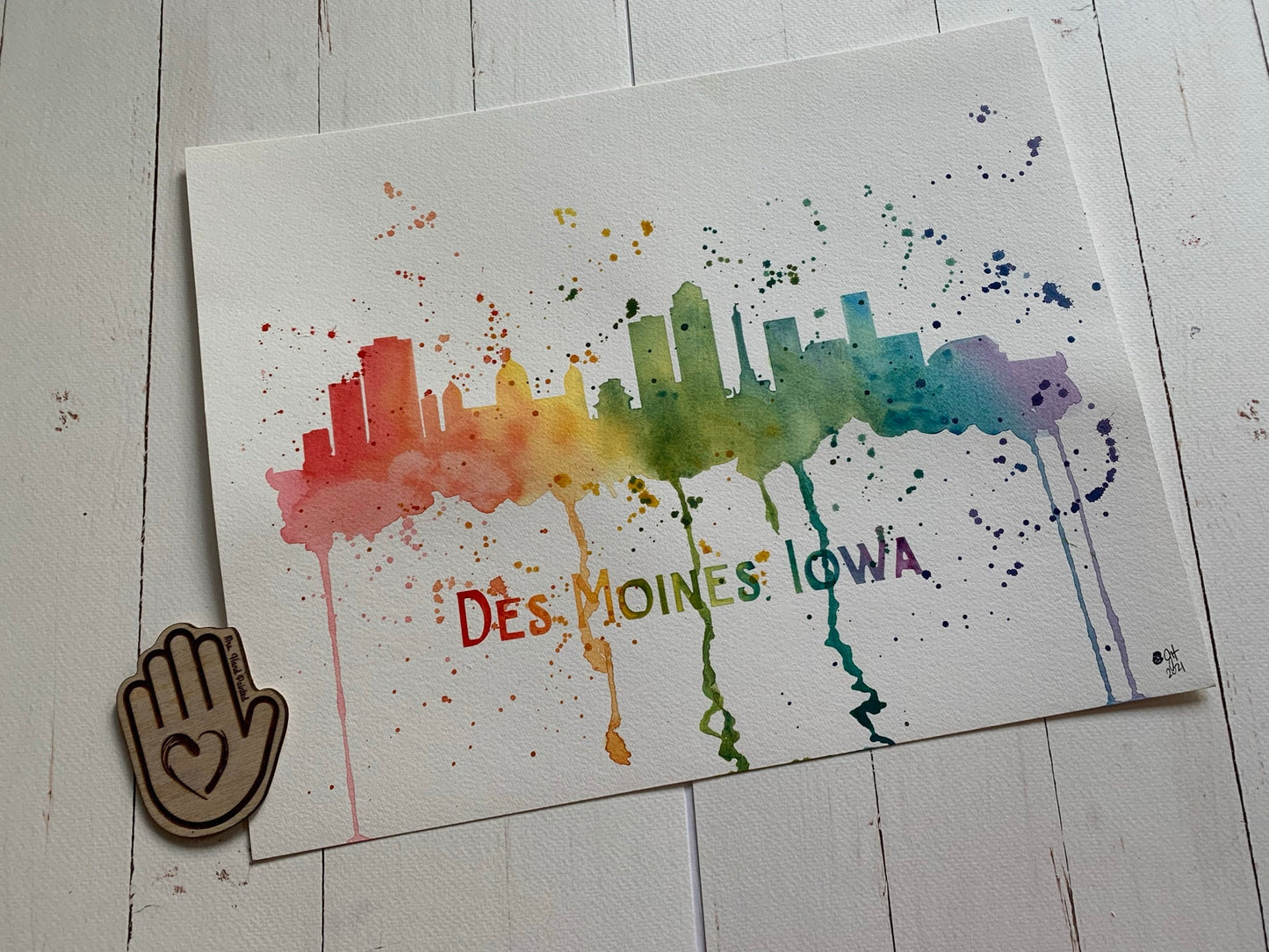 Des Moines, Iowa Rainbow Watercolor Skyline Painting