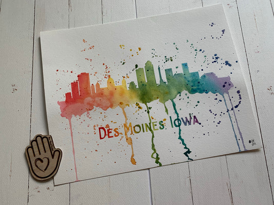 Des Moines, Iowa Rainbow Watercolor Skyline Painting, 11x14 Original Watercolor on Cotton Paper by Jodie Hand @mrshandpainted