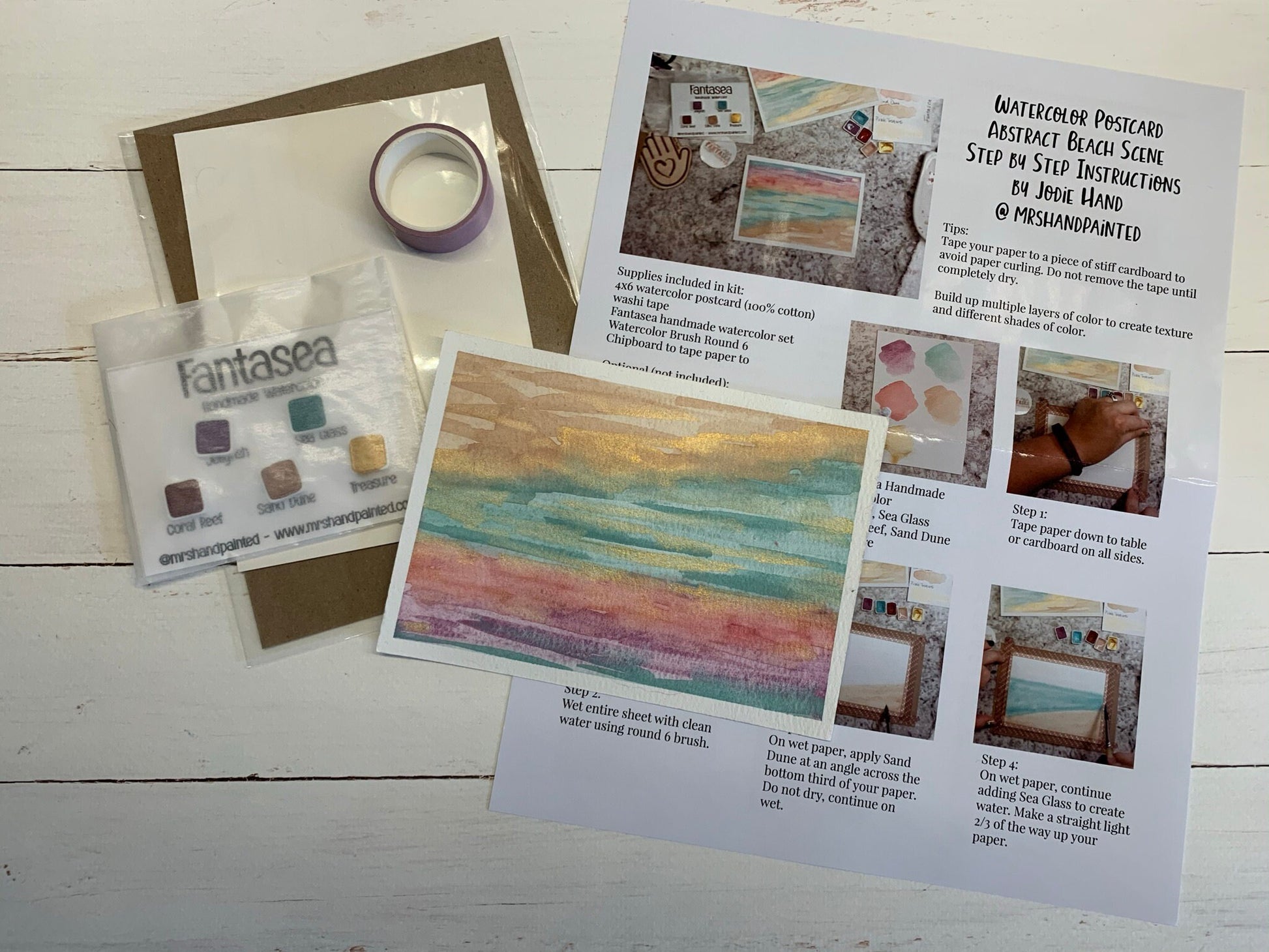 Watercolor Postcard Landscape Kit - ABSTRACT BEACH - Paint, Paper and Step by Step Instructions