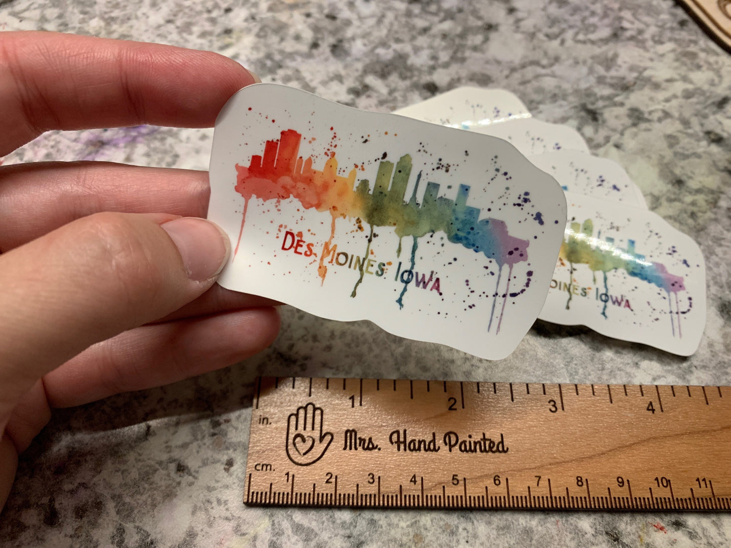 Watercolor "Des Moines” Skyline Rainbow Splatter, Die Cut Laminated Vinyl Stickers, Water Resistant