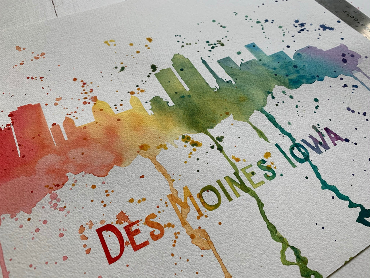 Des Moines, Iowa Rainbow Watercolor Skyline Painting