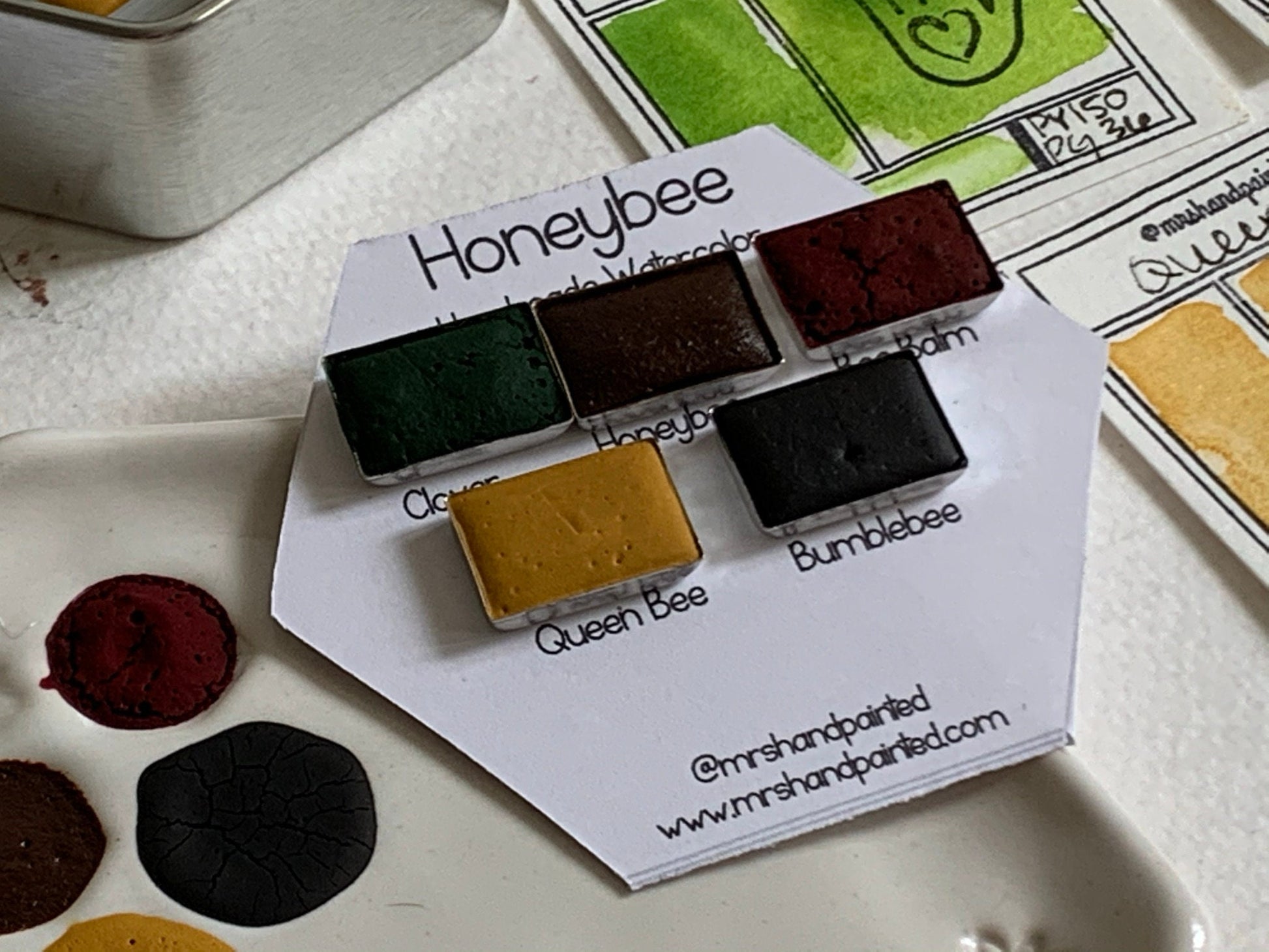 Handmade Watercolor Paints - HONEYBEE - Artisan Paint Palette, Set of 5 Watercolors, 4 Matte, 1 Shimmer Color