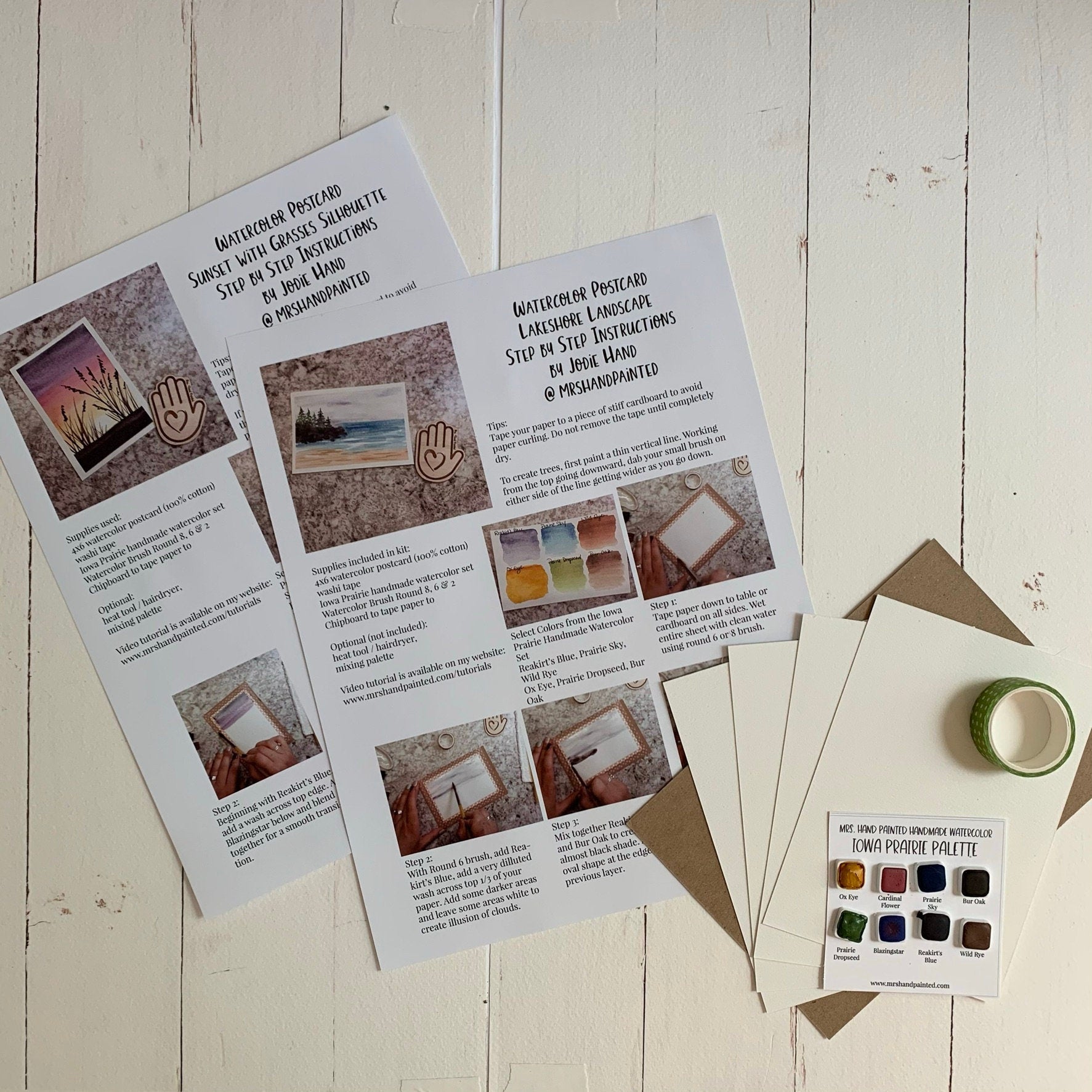 Watercolor Postcard Landscape Kit - SUNSET & LAKESHORE - Iowa Prairie Landscapes - Paint, Paper and Step by Step Instructions