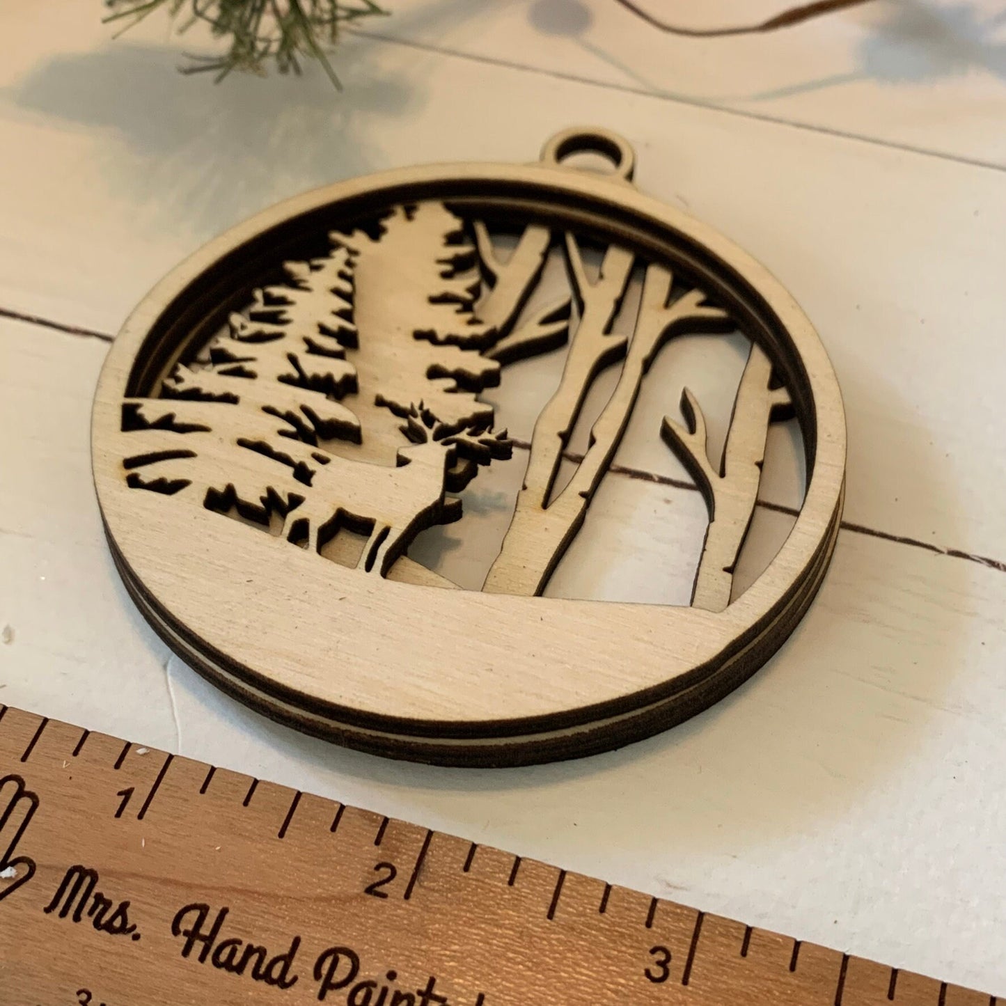 Laser Cut Wood Layered Ornament - Reindeer and Woodland Scene