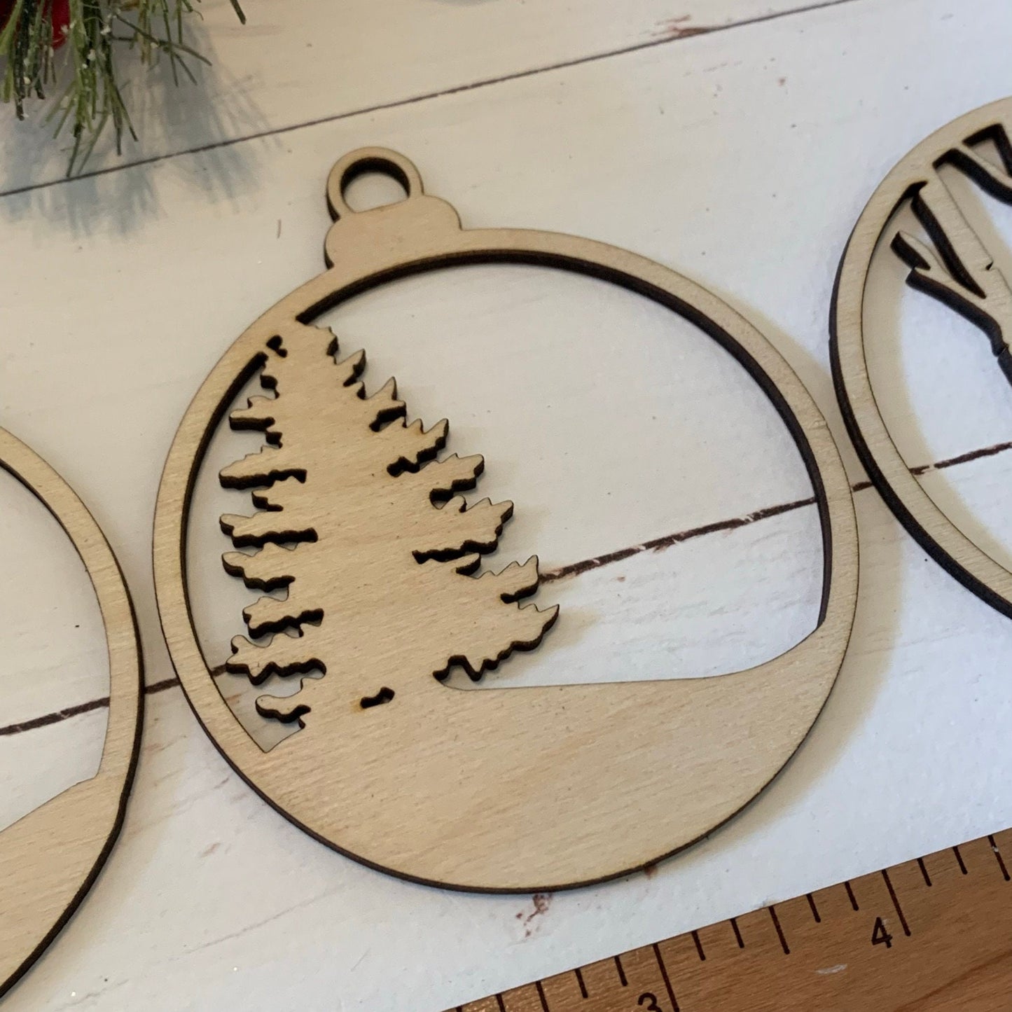 Laser Cut Wood Layered Ornament - Reindeer and Woodland Scene, Pine Trees, Birch Trees, Deer - Unfinished Wood - Personalization with Name