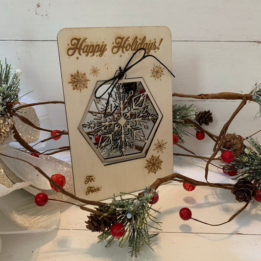 Laser Cut Wood Pop Out Ornament Card - Snowflake - Happy Holidays - Unfinished Wood