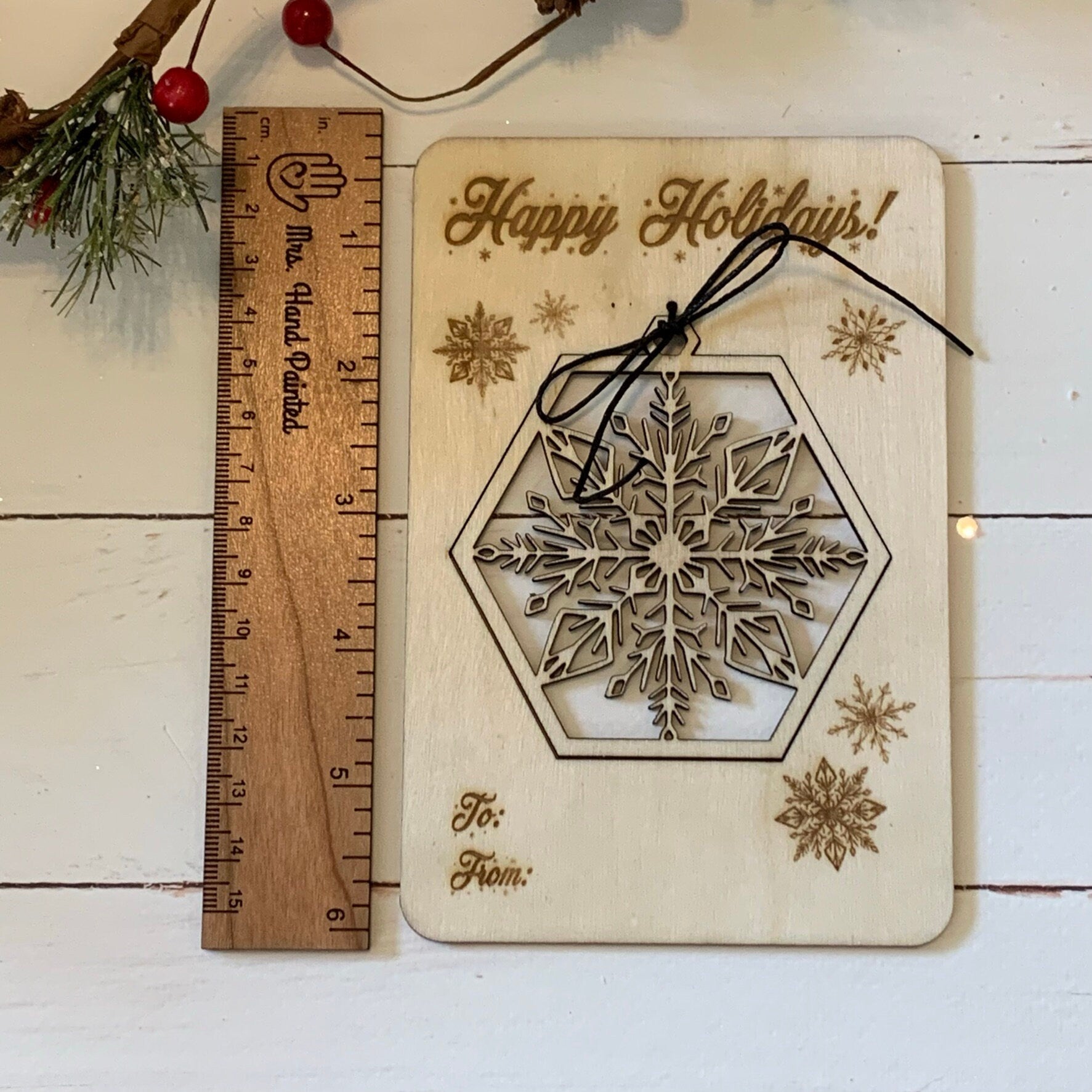 Laser Cut Wood Pop Out Ornament Card - Snowflake - Happy Holidays - Unfinished Wood