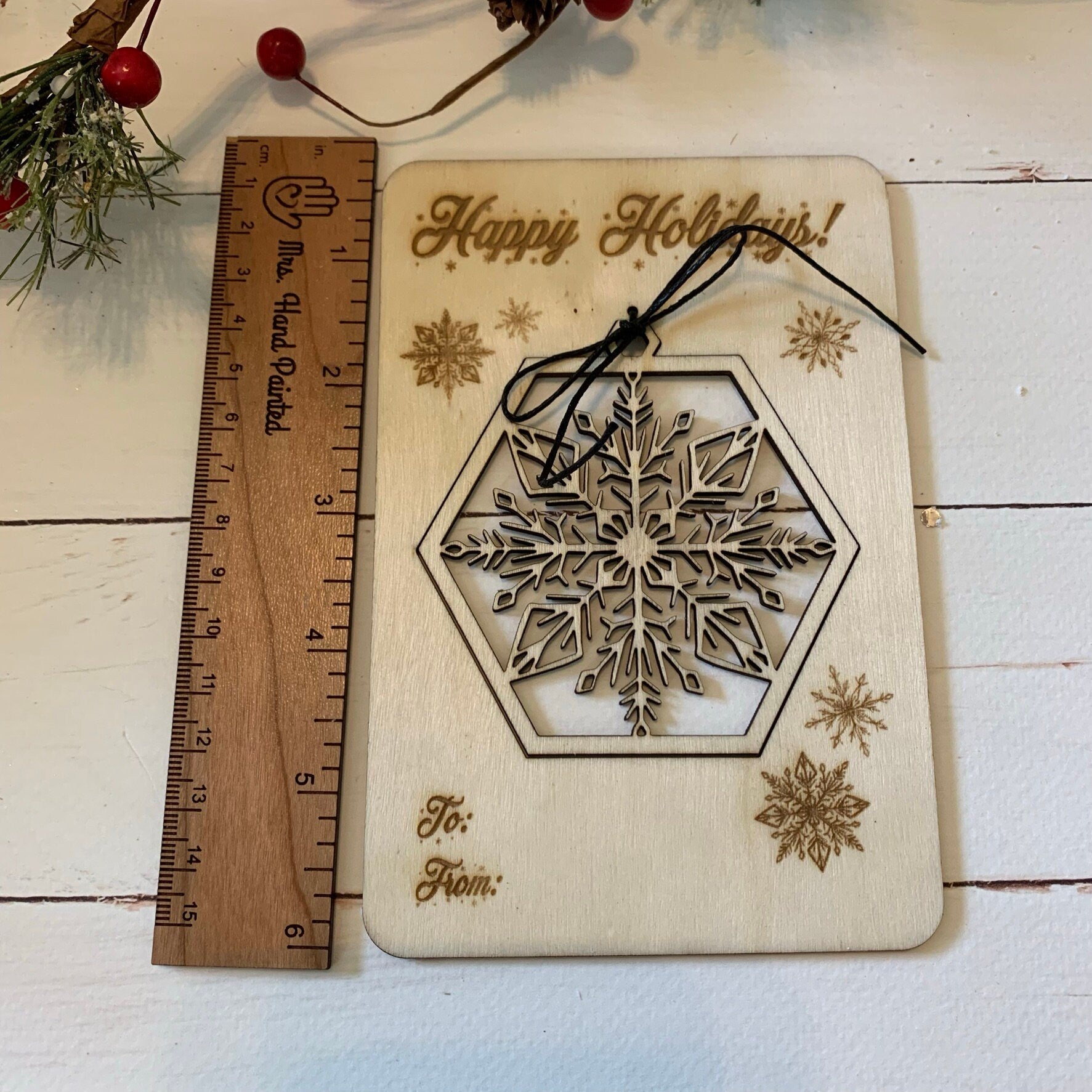 Laser Cut Wood Pop Out Ornament Card - Snowflake - Happy Holidays - Unfinished Wood