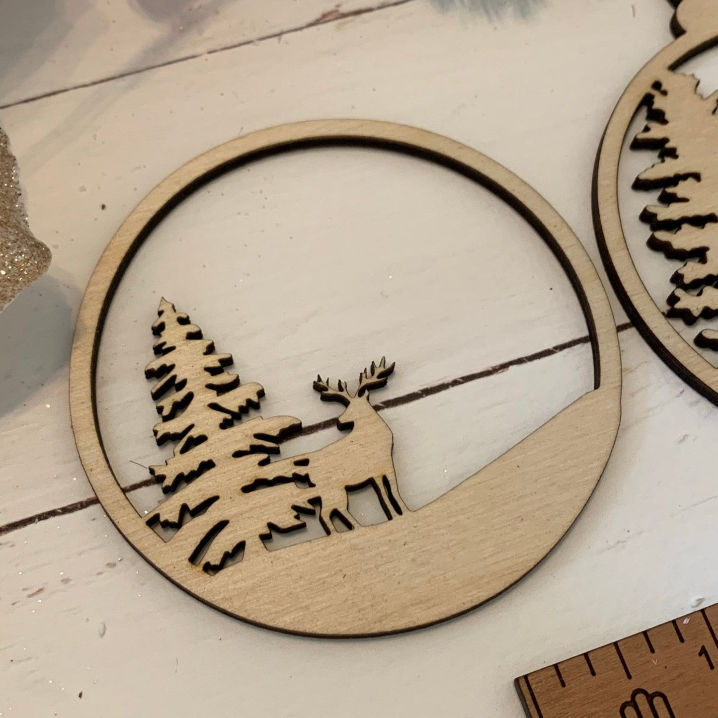 Laser Cut Wood Layered Ornament - Reindeer and Woodland Scene