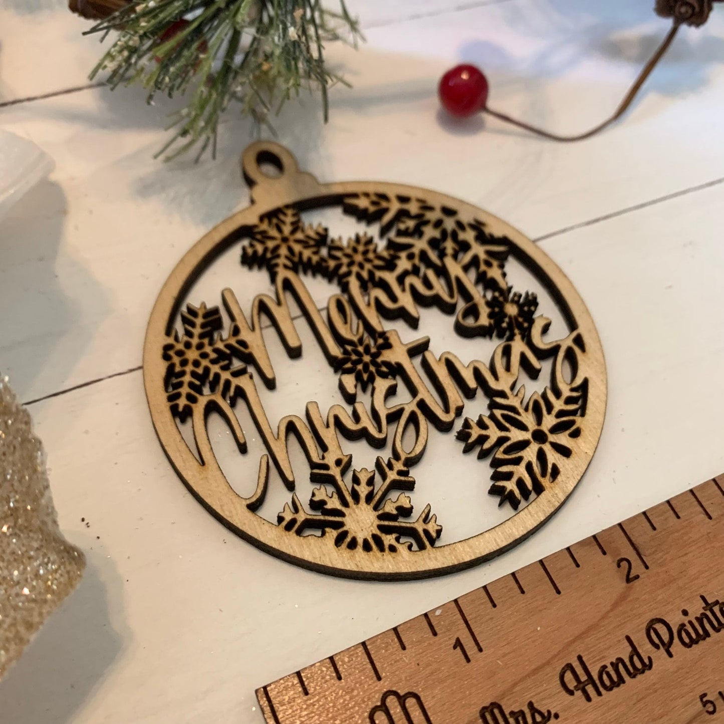 Laser Cut Wood "Merry Christmas" with Snowflakes Ornaments - Delicate Rustic Christmas Holiday Decor - Unfinished Wood
