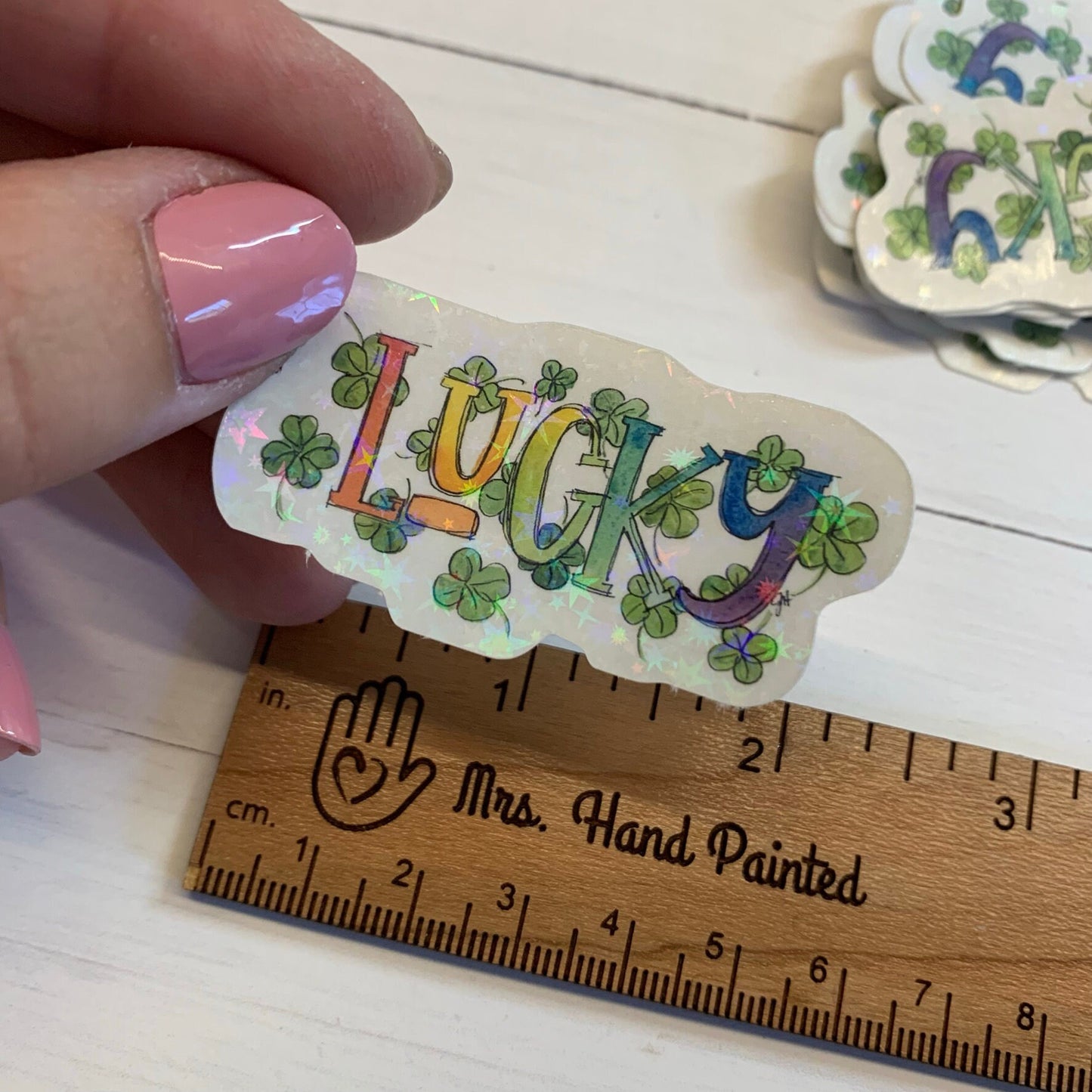 Watercolor "Lucky" Rainbow Letters and Shamrocks Die Cut Laminated Vinyl Stickers, Holographic Overlay, Water Resistant, Clovers, St. Pat's