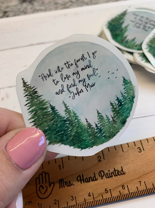 Watercolor Forest Circle Sticker with John Muir Quote