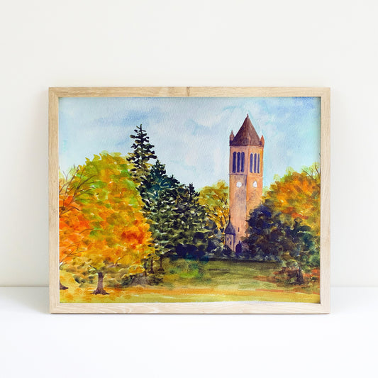 Iowa State Campanile at Autumn Watercolor Landscape - Fine Art Print - Reproduction Giclee Print
