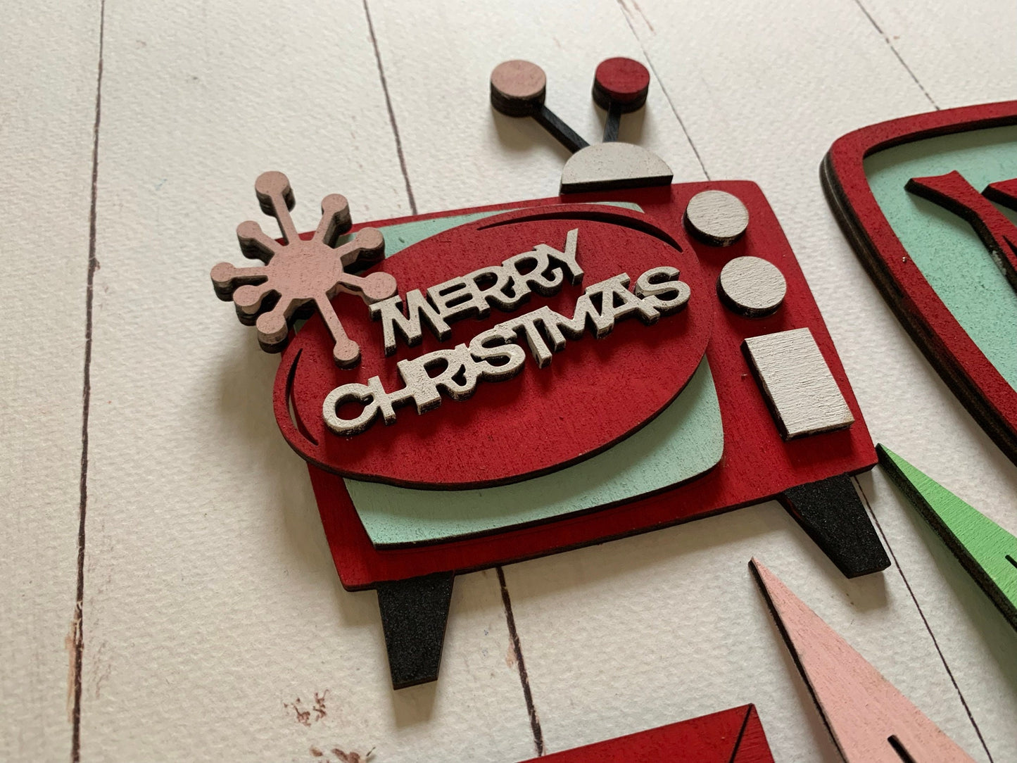 Retro Holiday - Christmas Tiered Tray Decor - Laser Cut Wood Painted, Mid Century Modern Theme Decorations