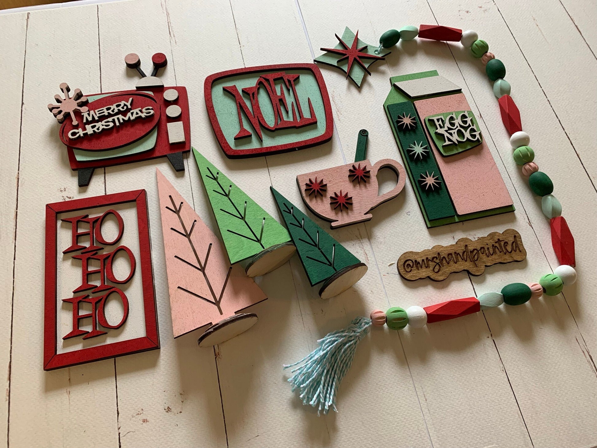 Retro Holiday - Christmas Tiered Tray Decor - Laser Cut Wood Painted, Mid Century Modern Theme Decorations