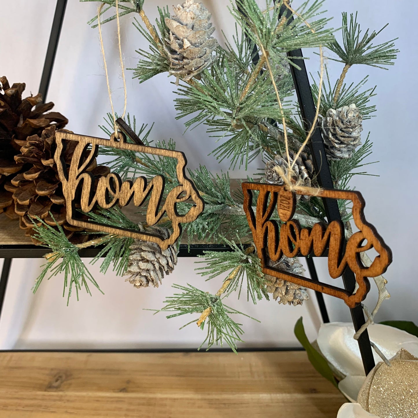 Laser Cut Wood "Home" Iowa State Shaped Ornaments - With 2021 Charm - unfinished or Stained wood finish