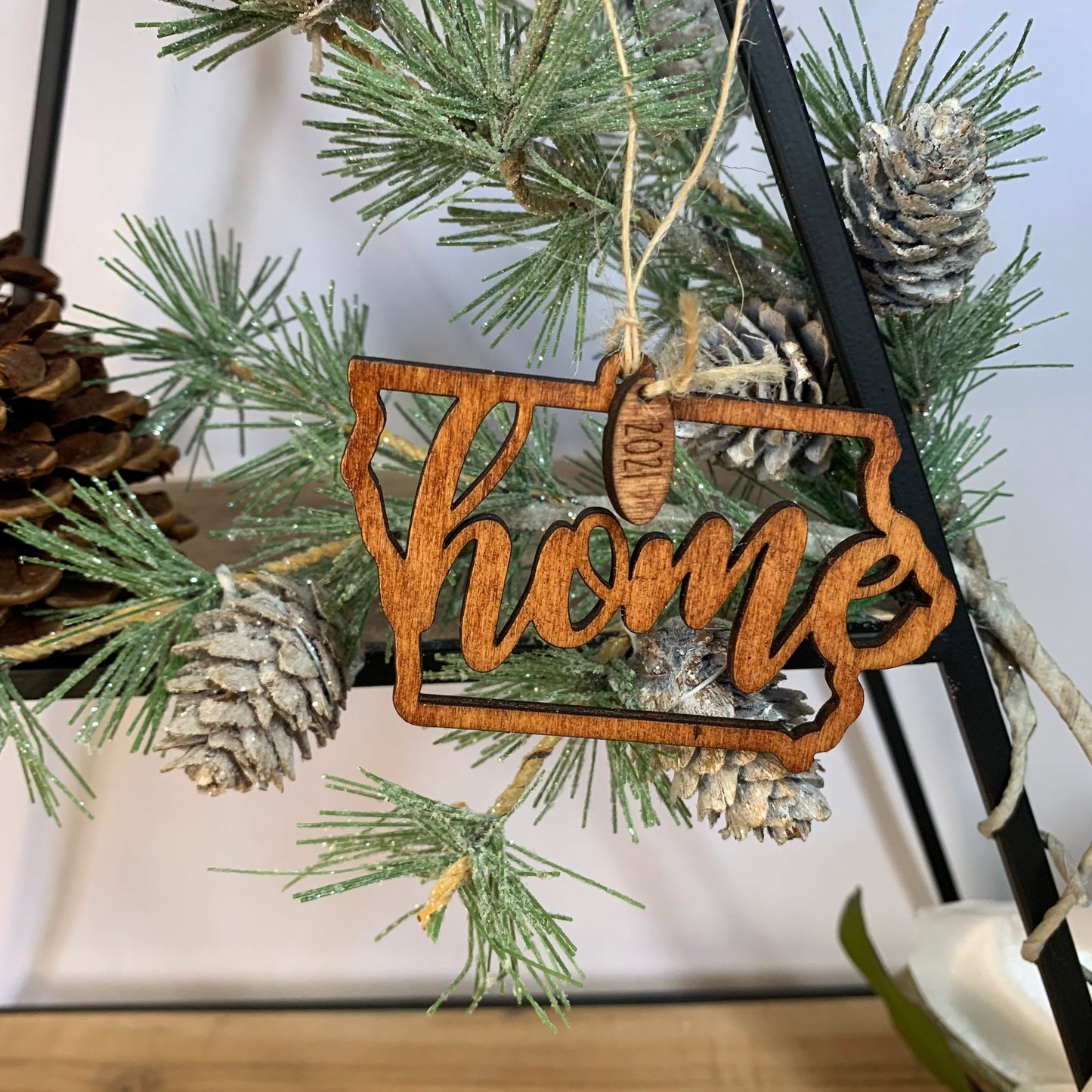 Laser Cut Wood "Home" Iowa State Shaped Ornaments - With 2021 Charm - unfinished or Stained wood finish