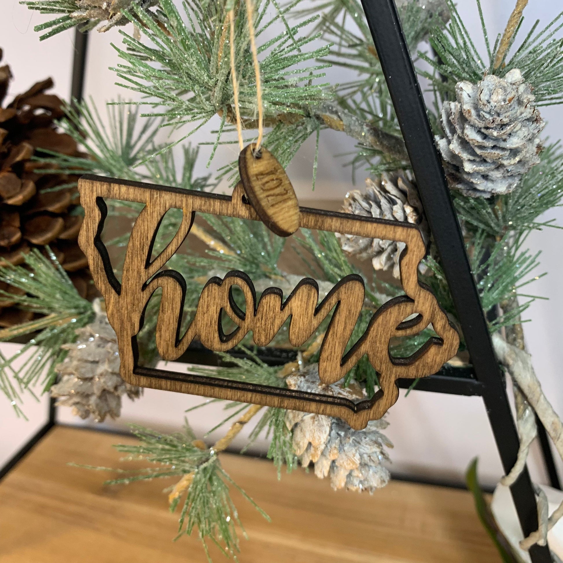 Laser Cut Wood "Home" Iowa State Shaped Ornaments - With 2021 Charm - unfinished or Stained wood finish