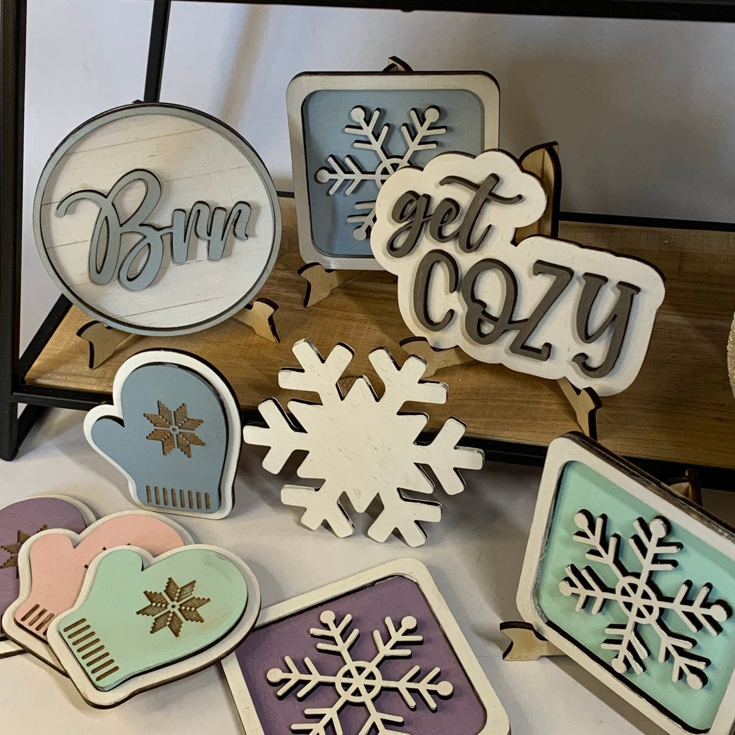 Snowflake and Snowman Winter Tiered Tray Decor - Laser Cut Wood Painted, Custom Painted or Pastel Colors