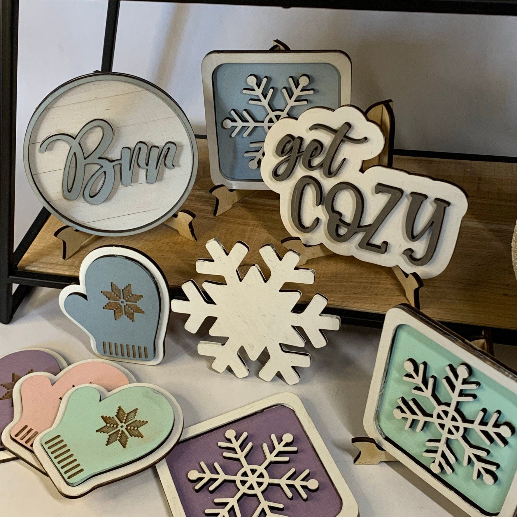 Snowflake and Snowman Winter Tiered Tray Decor - Laser Cut Wood Painted, Custom Painted or Pastel Colors
