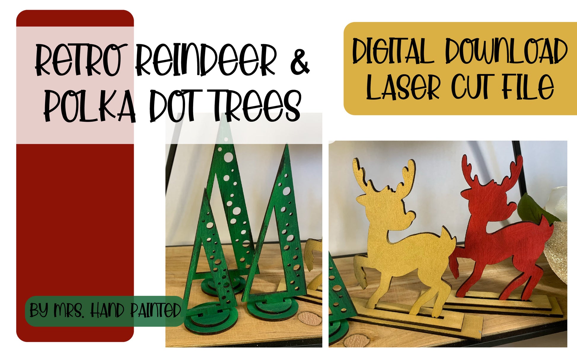 Laser Cut File - Retro Reindeer and Mid Century Modern Standing Trees Trio, Tiered Tray Pieces - Digital Download SVG, DXF, AI files