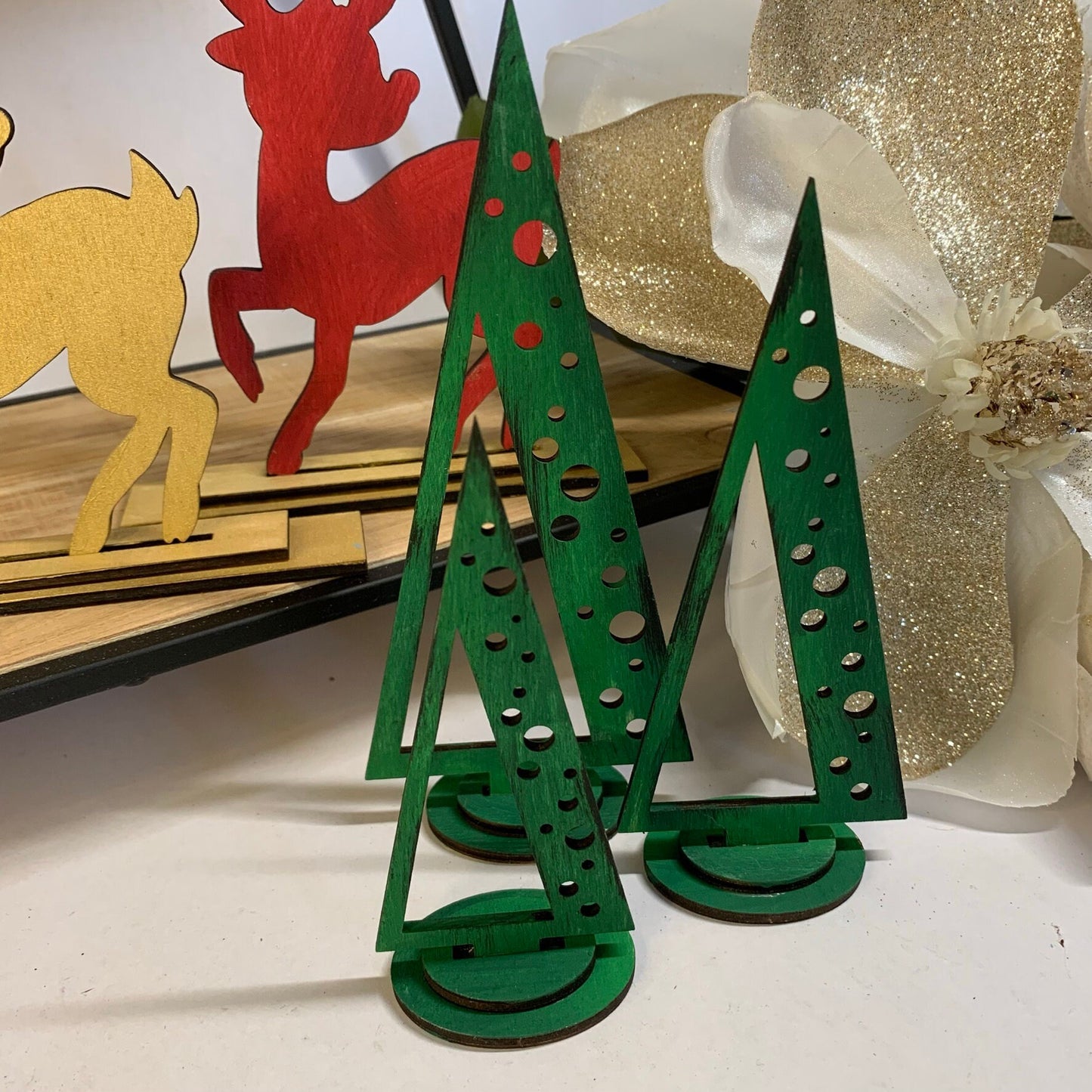 Laser Cut File - Retro Reindeer and Mid Century Modern Standing Trees Trio, Tiered Tray Pieces - Digital Download SVG, DXF, AI files