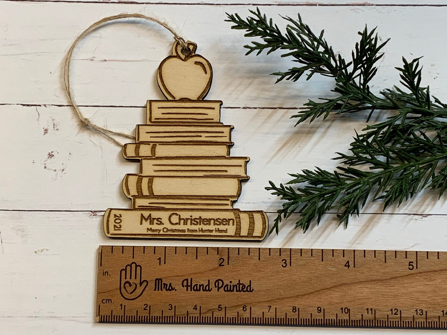 Laser Cut Wood Book Stack with an Apple Ornament - Personalized Teacher Gift, Gift for Librarian or Teacher