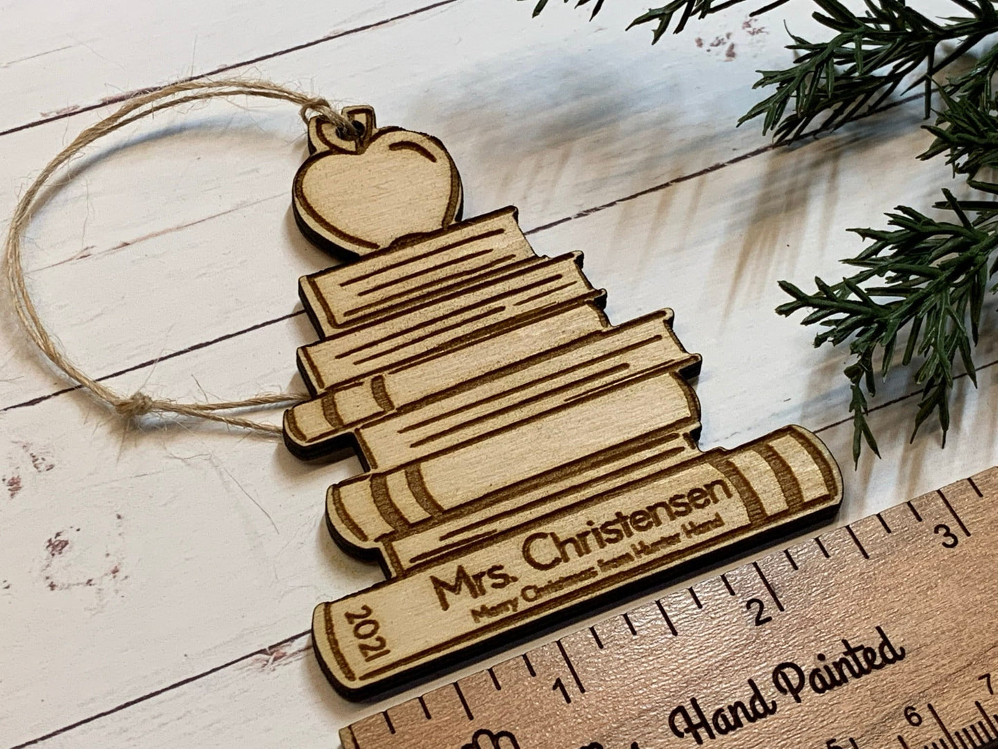 Laser Cut Wood Book Stack with an Apple Ornament - Personalized Teacher Gift, Gift for Librarian or Teacher