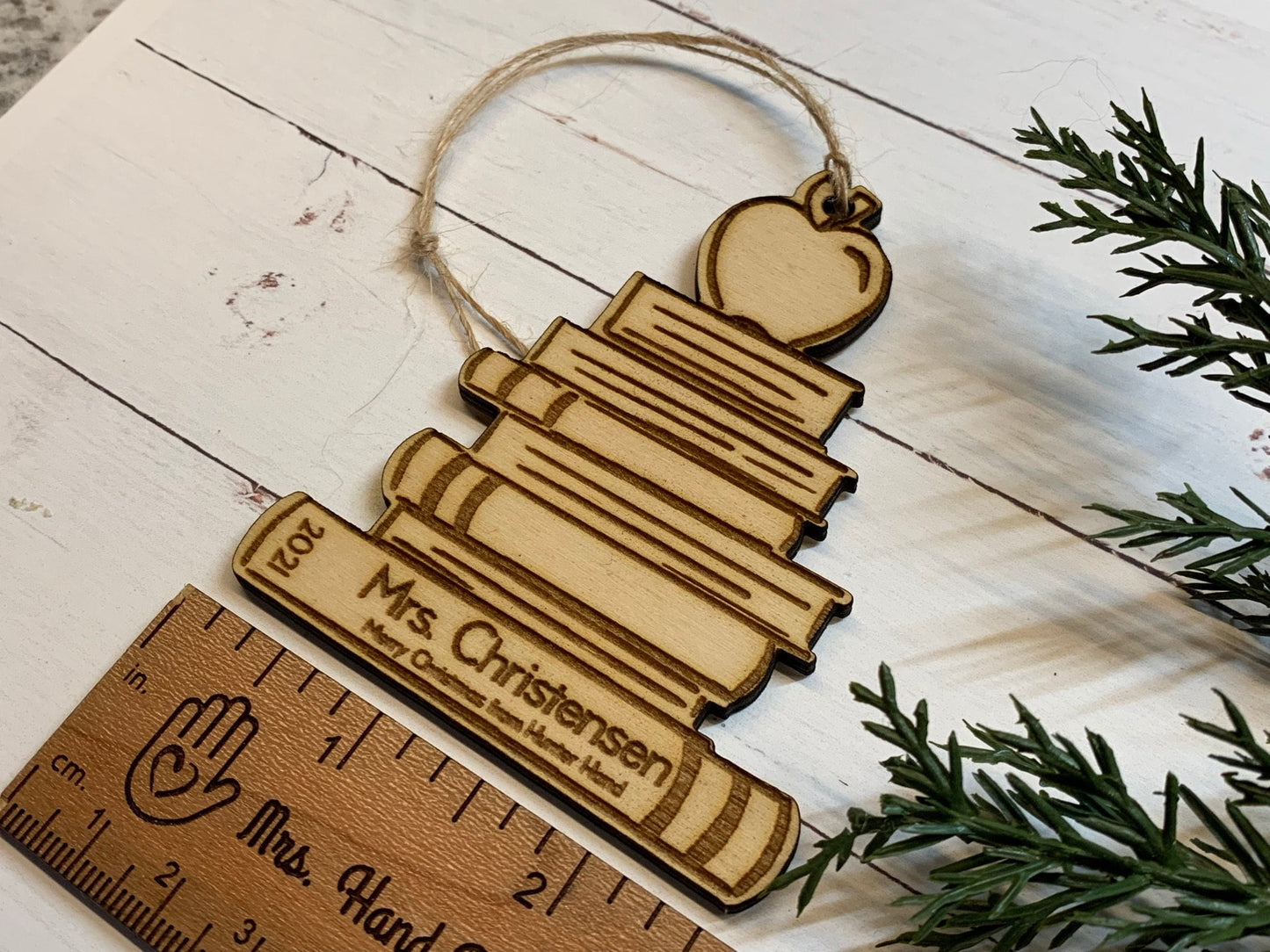 Laser Cut Wood Book Stack with an Apple Ornament - Personalized Teacher Gift, Gift for Librarian or Teacher