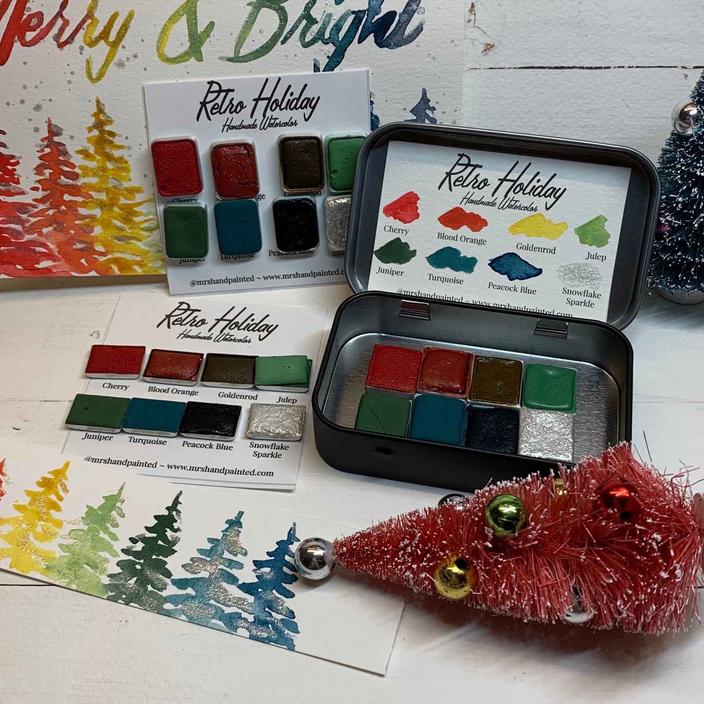 Handmade Watercolor Paints - RETRO HOLIDAY - Artisan Paint Palette, Set of 8 Half Pans, 7 Matte, 1 Shimmer, Christmas Colors