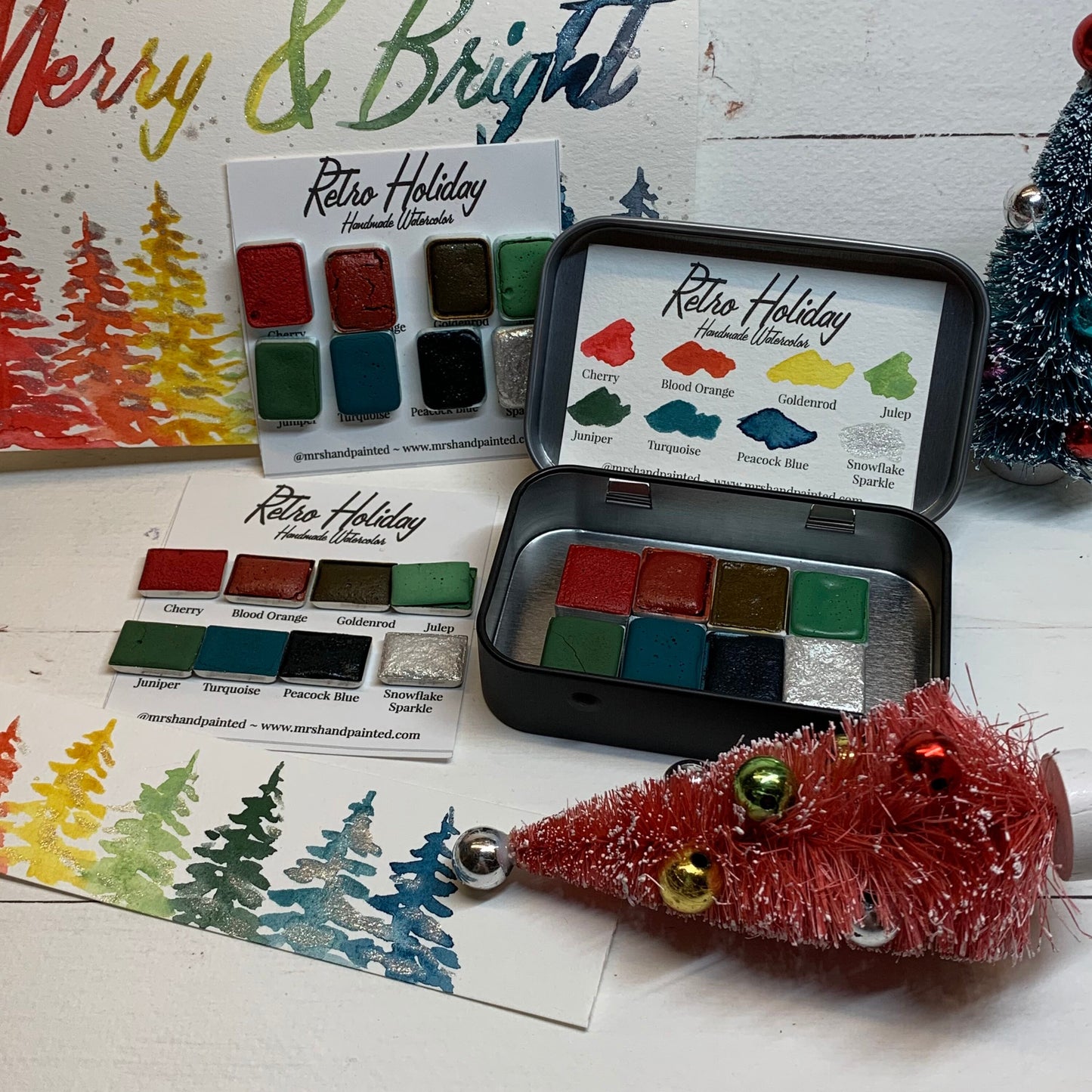 Handmade Watercolor Paints - RETRO HOLIDAY - Artisan Paint Palette, Set of 8 Half Pans, 7 Matte, 1 Shimmer, Christmas Colors